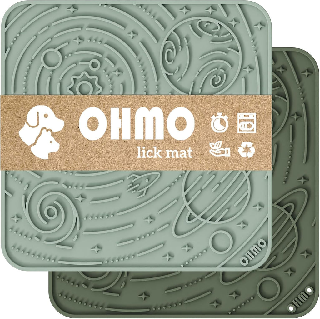 OHMO Large Lick Mat for Dogs&Cats, Space Pattern, 2pcs, Camo&Sage Green | Pet Enrichment Toys, Slow Feeder, Textured Silicone Surface, Strong Suction Cups, Anxiety&Boredom Relief, Easy-Clean