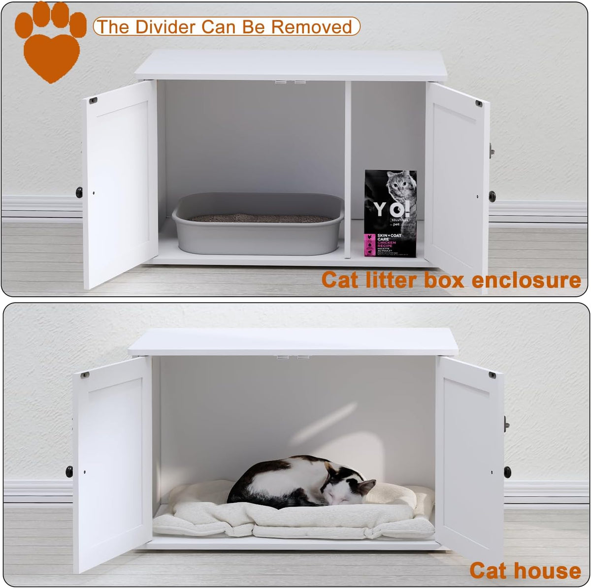 Timberer Cat Litter Box Enclosure, Hidden Litter Box Furniture with Divider | Wooden Cat Washroom Furniture, Indoor Cat House, Dog-Proof, Fits Most of Litter Box, White