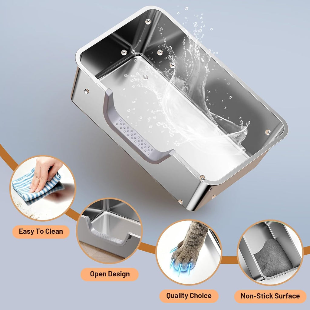 Stainless Steel Cat Litter Box, Steel Litter Pan with Curved Low Entry, Leak Proof 6 Inch High Side for Urine, Easy Entry for Kittens Older Cats, No Slip, 23.6" x 15.7" x 7.9", Silver