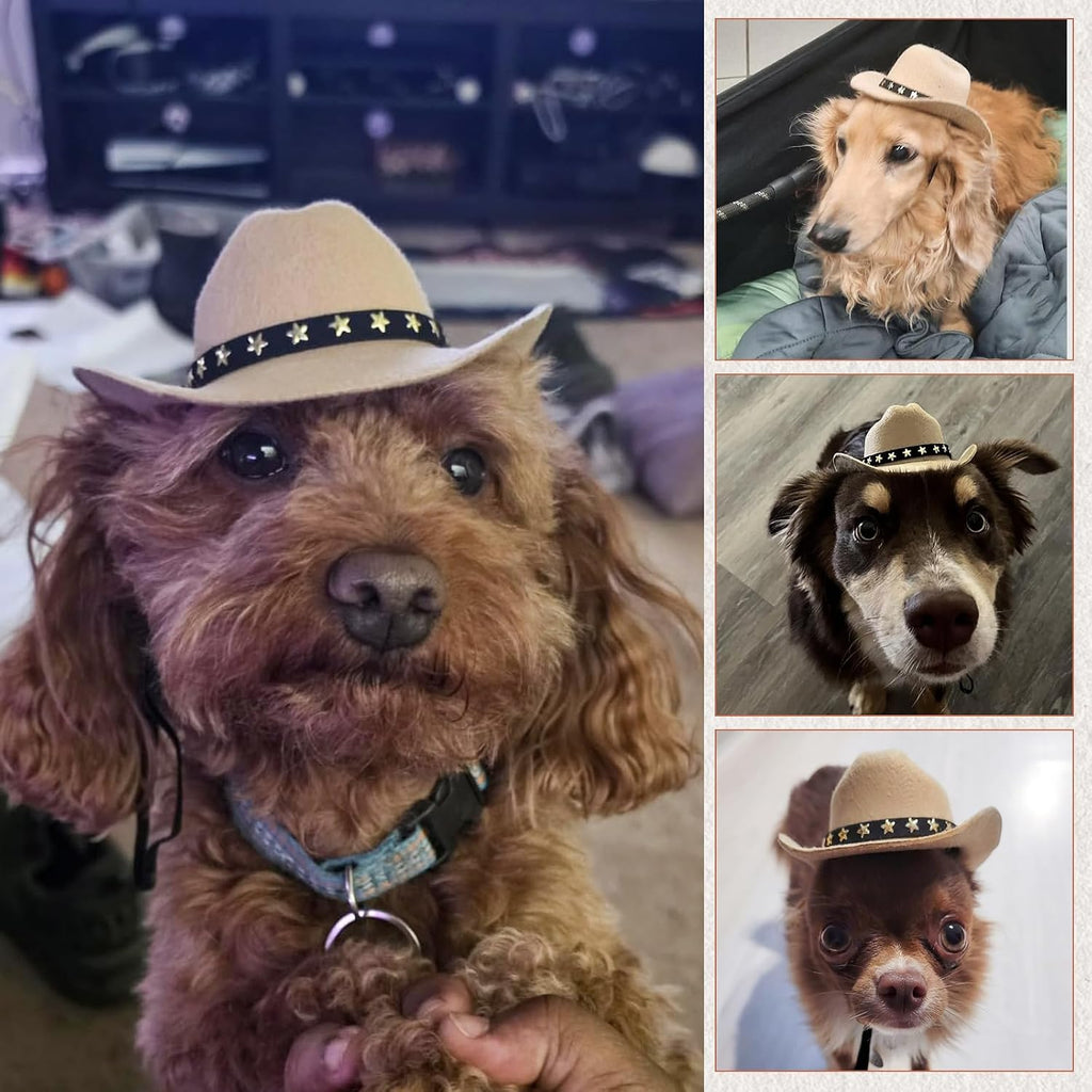 Pet Cowboy Costume, Dog Cowboy Hat with Bandana Scarf, Adjustable Cat Cowboy Hat for Party Cosplay Christmas, Halloween Cowboy Costumes for Small Pet Dogs Cats (Khaki, Medium)