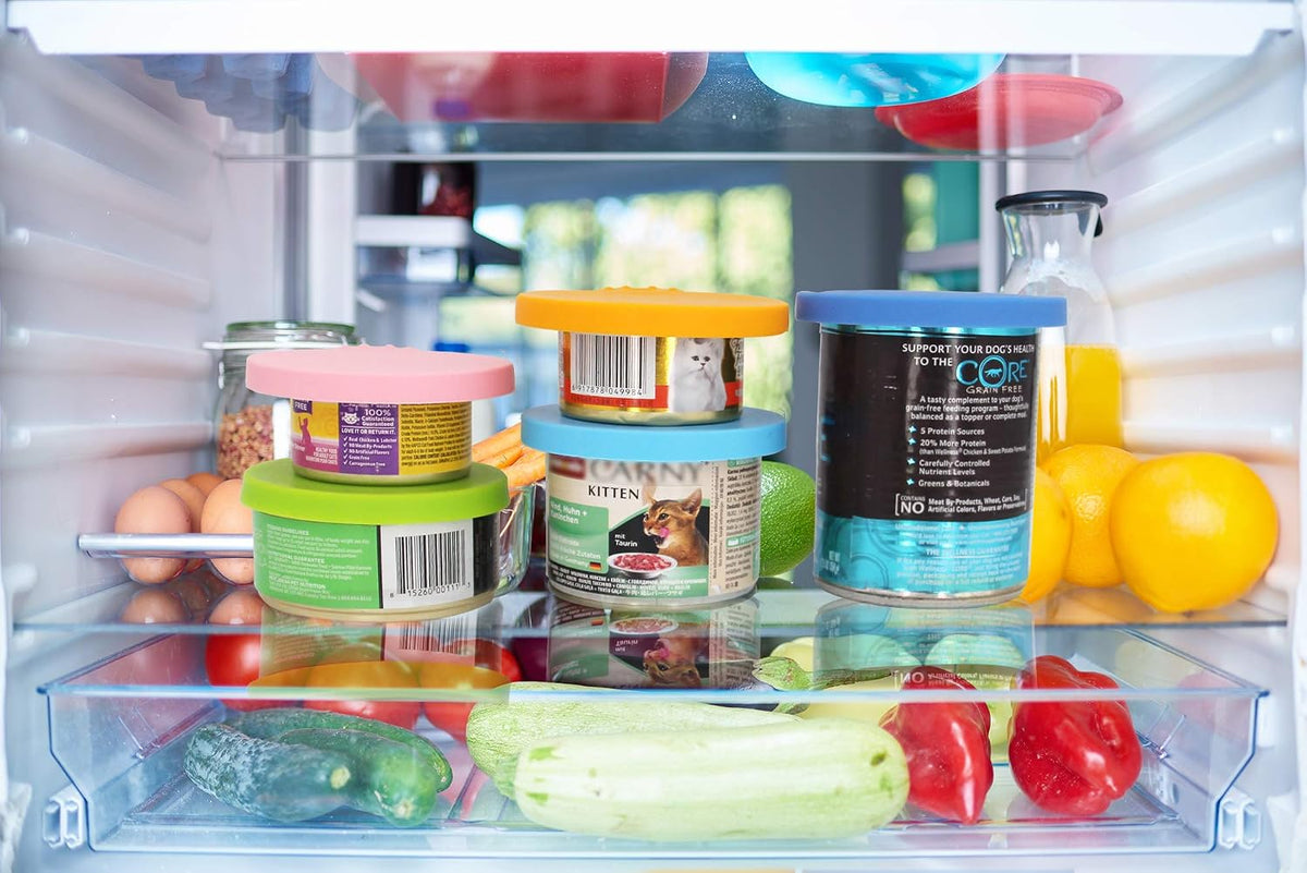 Comtim Pet Food Can Cover Silicone Can Lids for Dog and Cat Food(Universal Size,One fit 3 Standard Size Food Cans),Green and Orange 