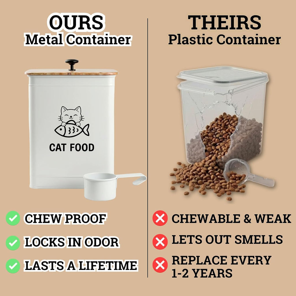 Metal Cat Food Container with Scoop 5-7 lb (25 Cup), w/ Airtight Bamboo Lid