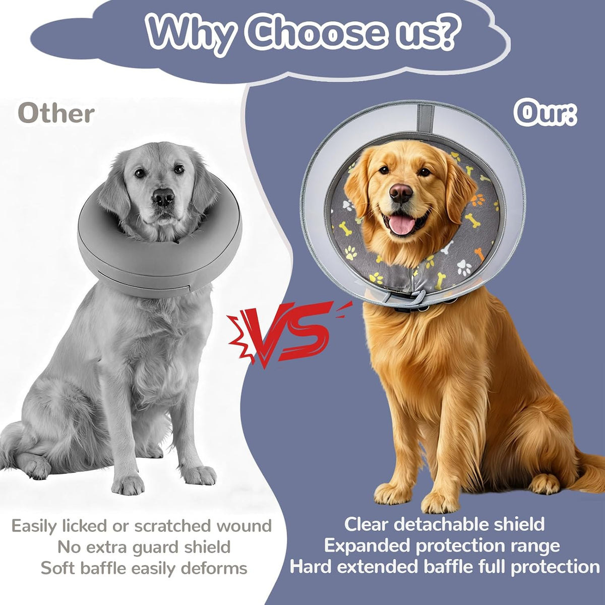 Inflatable Dog Cone Collar with Anti-Licking Clear Shield, for Dogs Cats