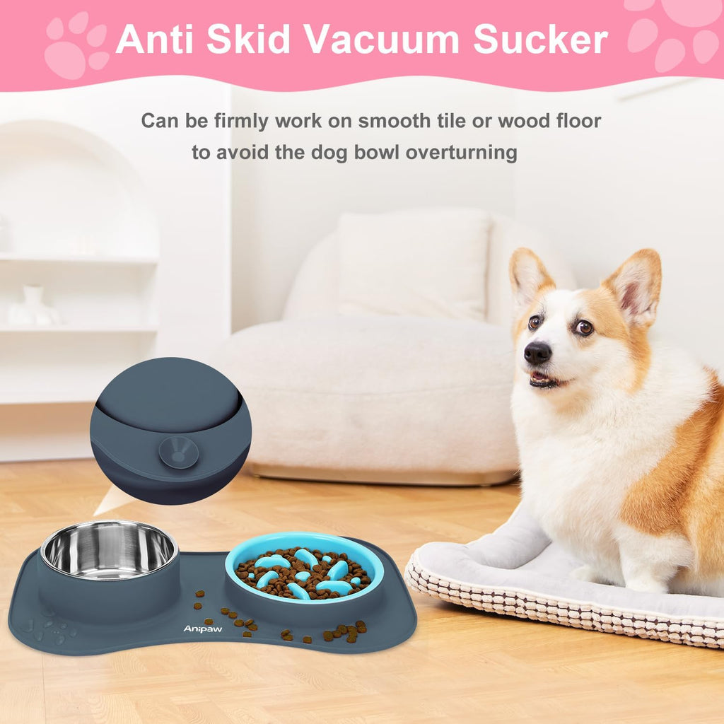 Slow Feeder Dog Bowls 3 in 1 Stainless Steel Food Water Bowl to Slow Eating | Durable, Non-spill & Non-skid with Silicone Mat Design, Slow Down Eating, Suitable for Small Medium Large Dogs and Cats