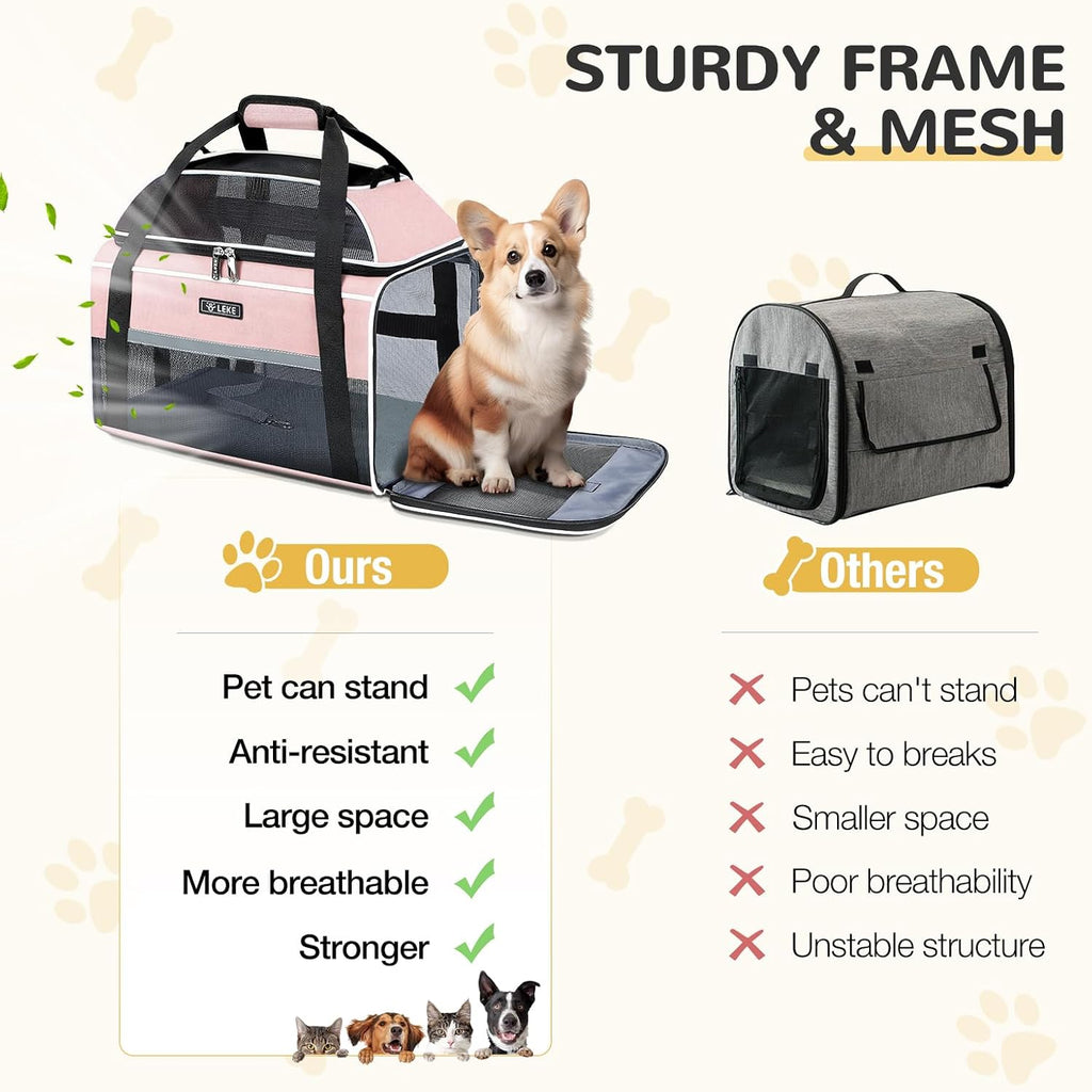Lekereise Top-Expandable Pet Carrier 17x11x9.5 Inch Alaska Hawaiian Airline Approved Soft Sided Underseat to 12lbs Travel Carriers for Small Dogs and Cats with Locking Safety Zippers Anti-Scratch Mesh