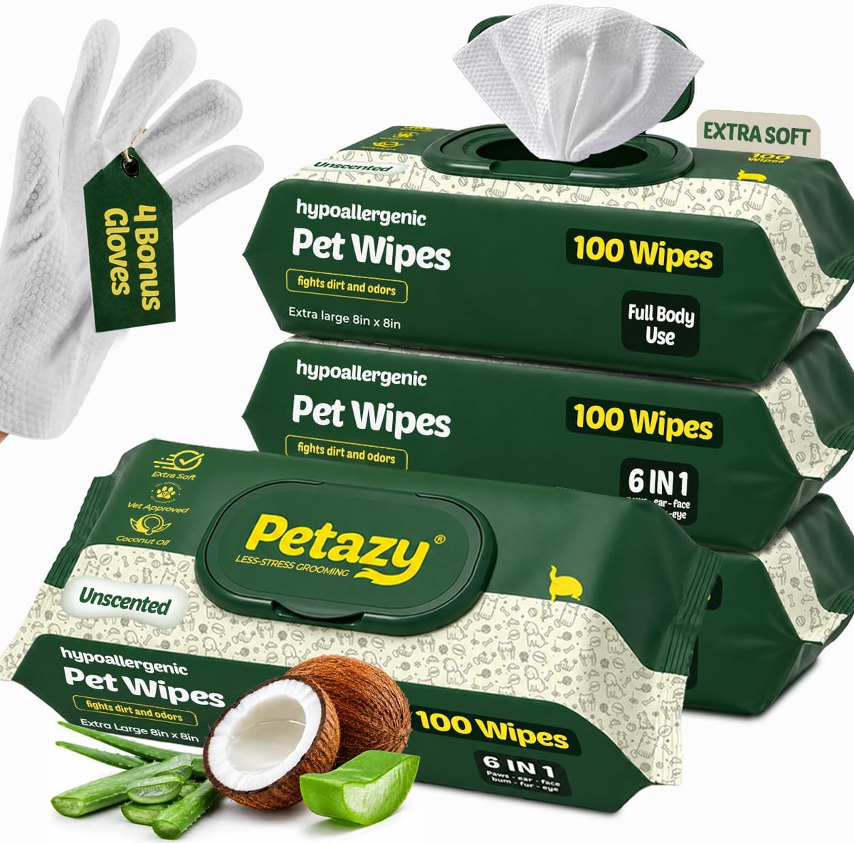 Petazy Pet Wipes for Dogs & Cats - Paws, Ears & Butt Cleaning, 400 Count