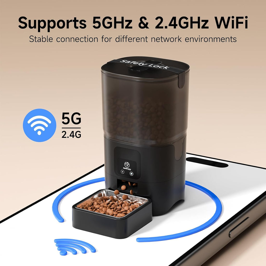 PAPIFEED Automatic Cat Feeder with App, 5G WiFi Auto Cat Feeder, 6L Slow-Feed Cat Food Dispenser for Dry Food, Dual Power Supply Timed Pet Feeder for Small Dog, 10 Meals/Day, 12 Portions/Meal, Black