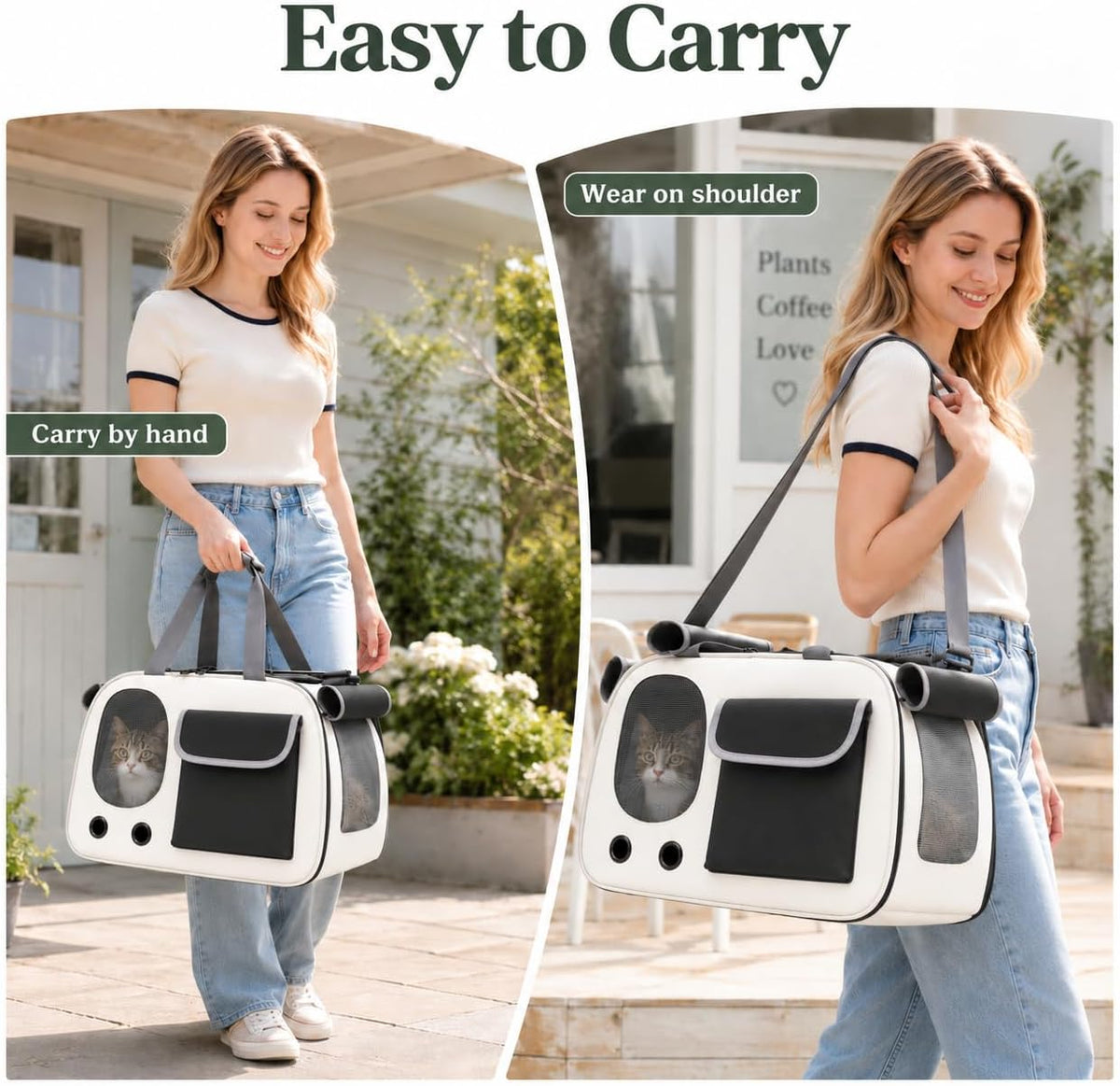 Soft-Sided Cat Carrier, 17.7“×10.2”×11“ Foldable Portable Pet Travel Bag, Cream & Black