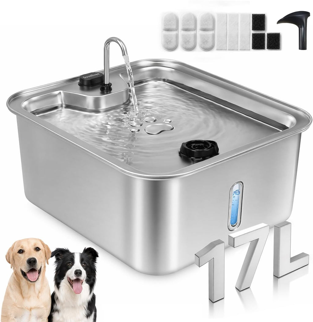 Cat/Large Dog Water Fountain, 4.5Gal/17L Quiet LED Blue Light Stainless Steel Pet Water Fountain for Large Dogs Indoor with 3 Replacement Filters, Multi-Filtration & Deeper Drinking Surface