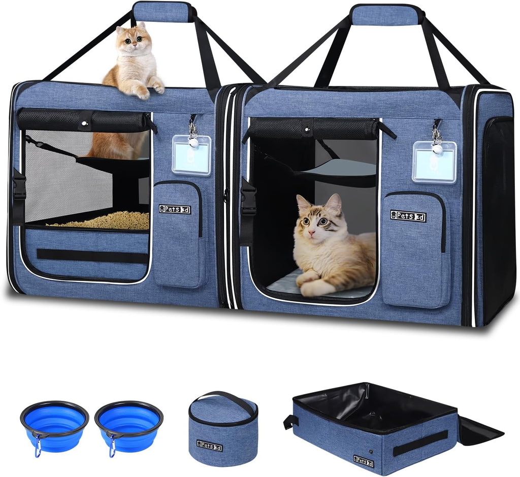 Petskd 2 in 1 Double Cat Car Travel Carrier with Litter Box, Blue