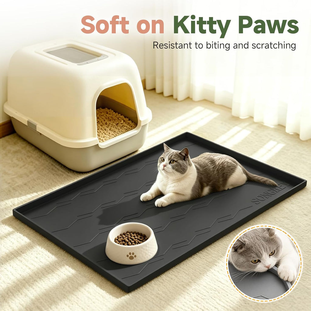 Songrey Silicone Cat Litter Mat 24" x 16", Large Litter Trapping Mat, Black | Waterproof, Urine-Proof Litter Box Mat for Floor, Soft on Kitty Paws, Easy To Clean, Cat Supplies, Pet Feeding Mat