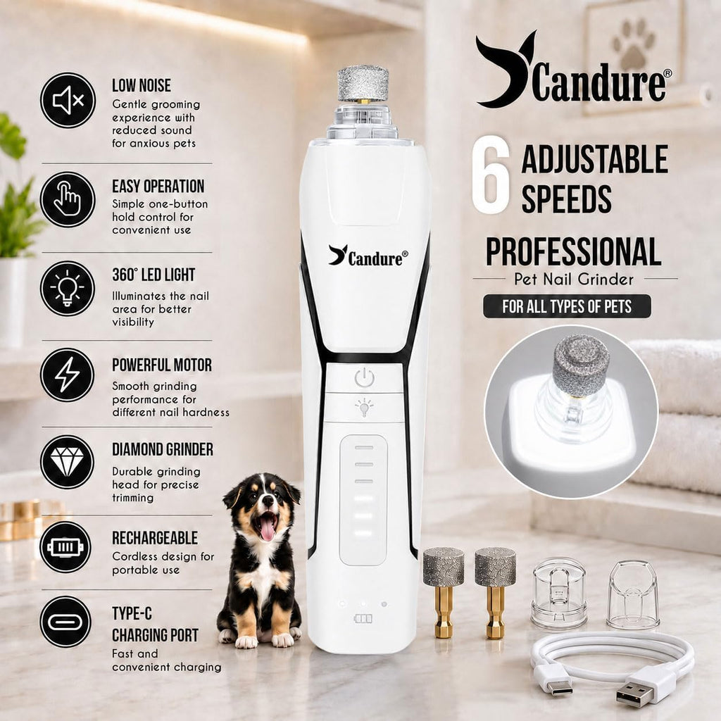 Candure Whisper Quiet Dog Nail Grinder with 360 Degree LED Light, 6-Speed Rechargeable Pet Nail Trimmers with Extra Grinding Head for Safe, Stress-Free Grooming for All Pet Sizes (White)