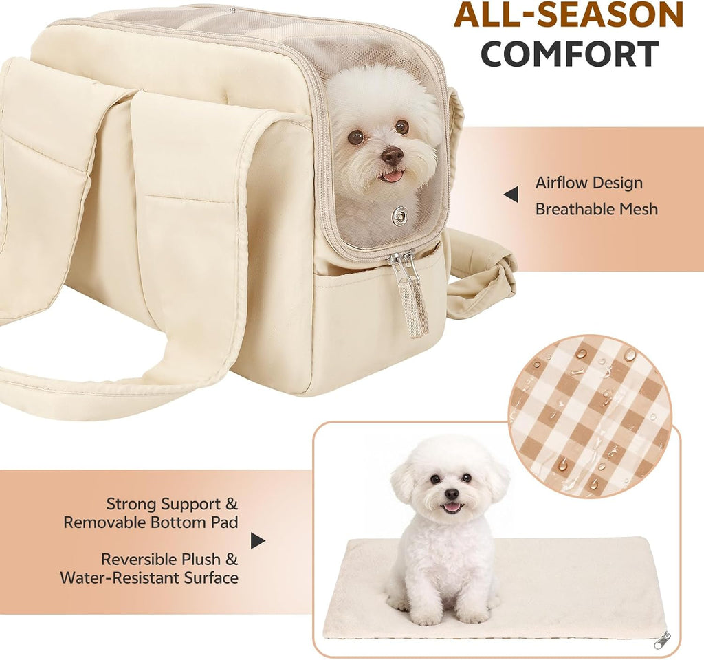 Dog Purse Carrier for Small Dogs and Cats, Soft-Sided Pet Tote Bag with 6 Large Pockets, Collapsible Travel Puppy Carrier, Fits Pets up to 13 lbs (Beige, 15.7" L x 8" W x 11.8" H)