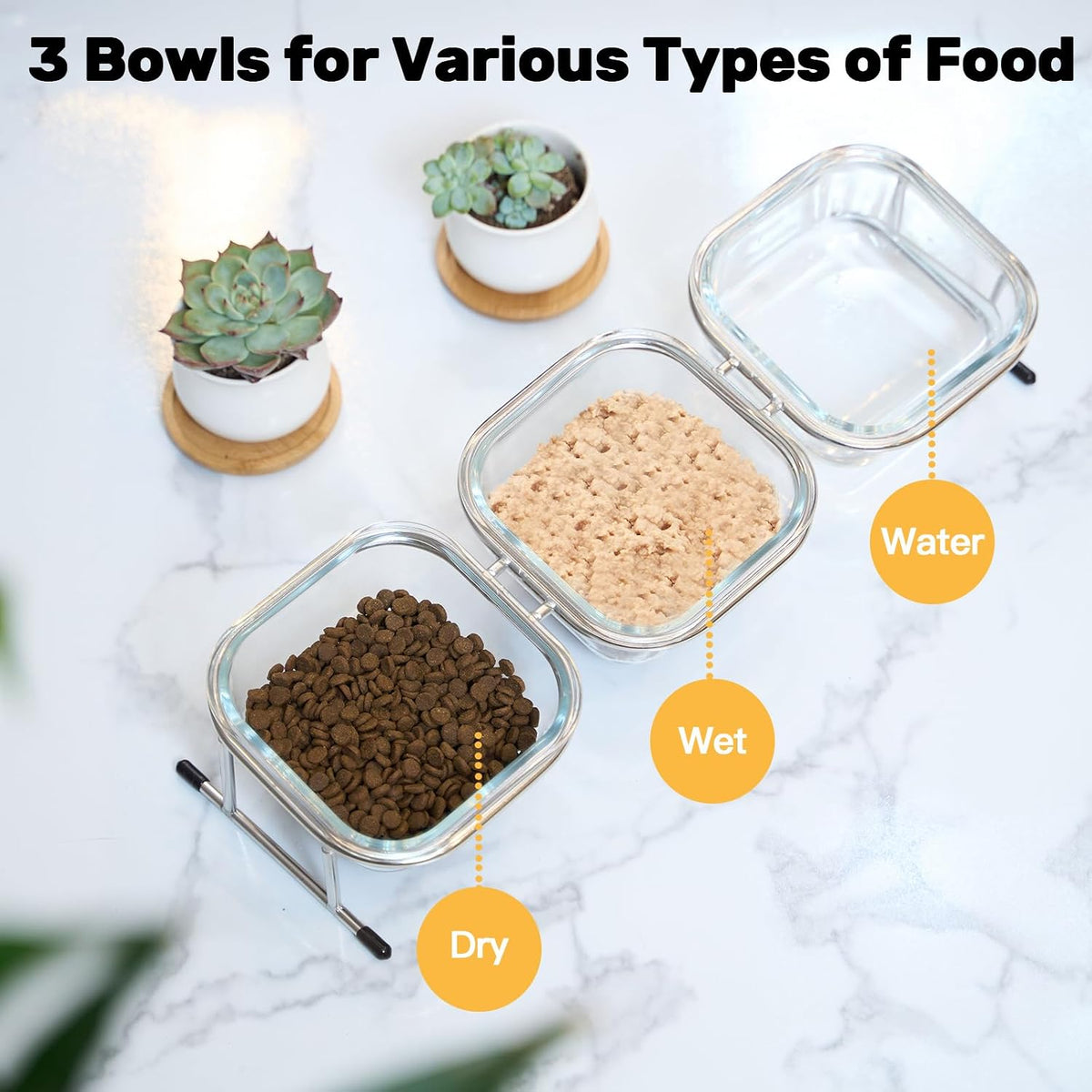 Elevated Cat Bowls, 15° Tilted Glass Raised Cat Food and Water Bowl | Stainless Steel Stand, 3 Large Capacity Glass Cat Bowls and 4 Anti Slip Feet, Suitable for Cats and Little Dogs