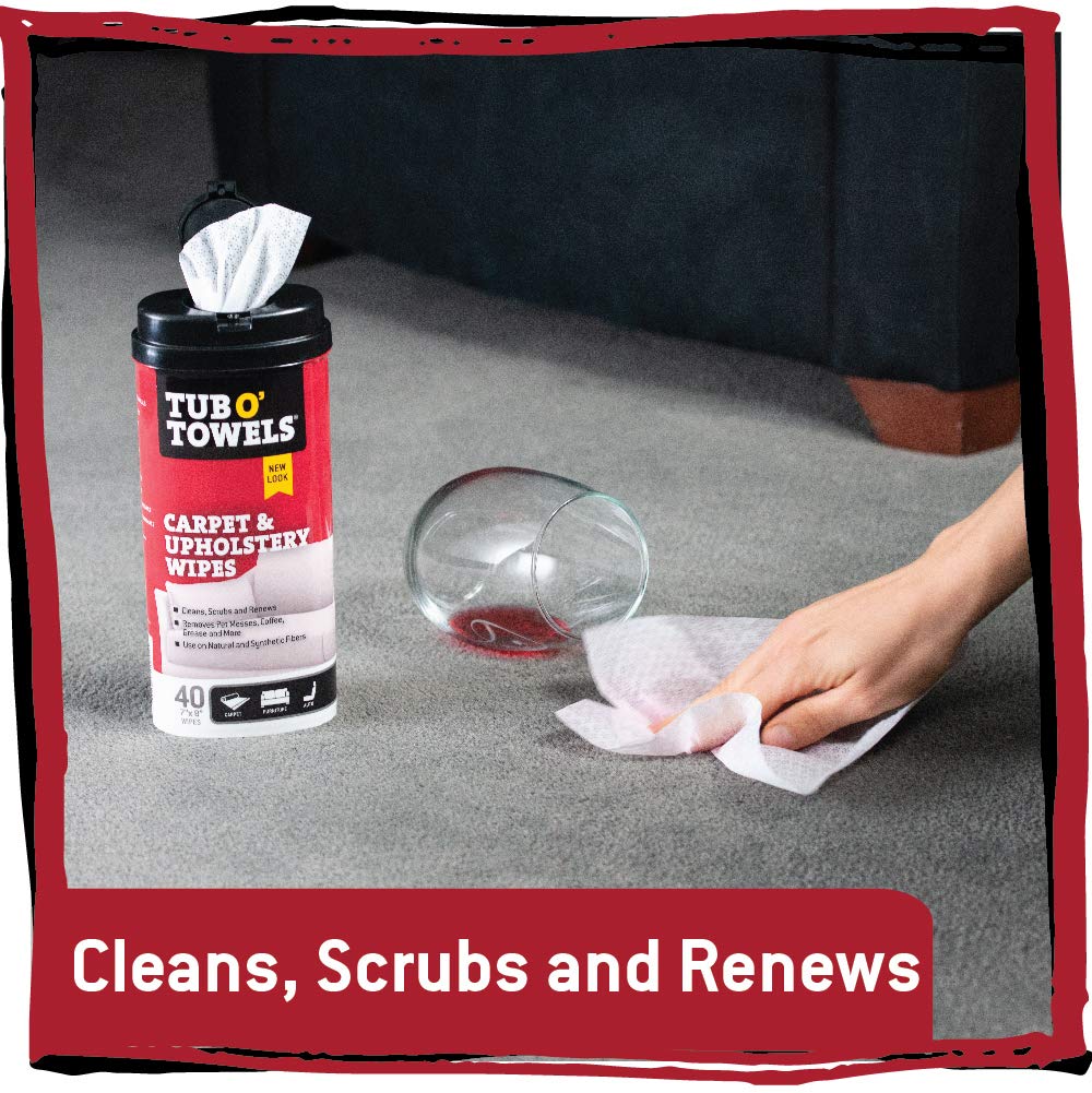 Tub O' Towels Carpet & Upholstery Cleaning Wipes 4 Pack – 7 x 8 Pre-Moistened Multi Surface Fabric Cleaning Wipes, 40 Count for Carpet, Rugs & Furniture