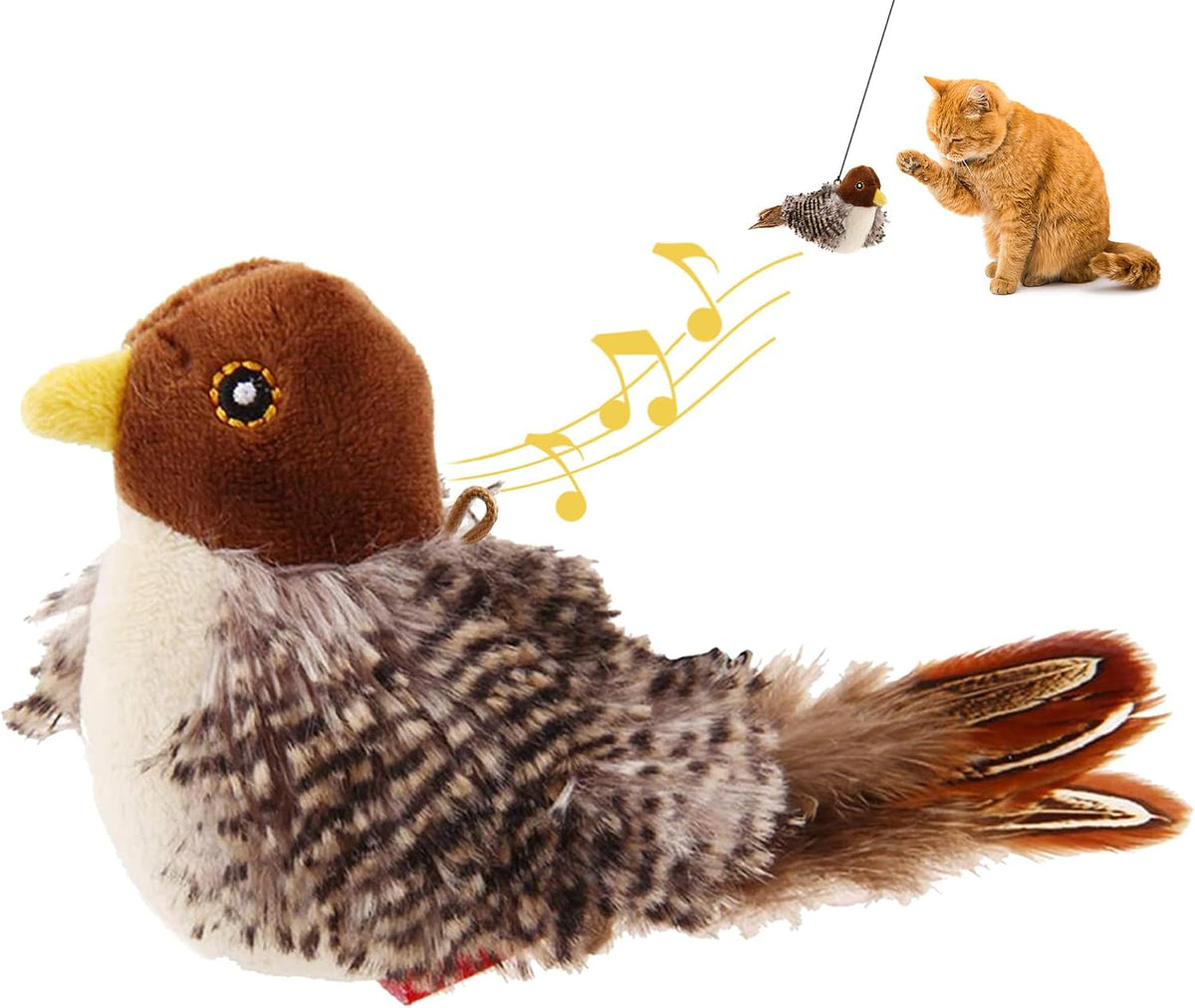 GiGwi Interactive Cat Toys Squeaky, Stimulated Chirping Bird Toy Making Noise,Automatic Chirp Bird Cat Toy with Feather Tail, Melody Chaser Play and Squeak Kitten Toy for Boredom