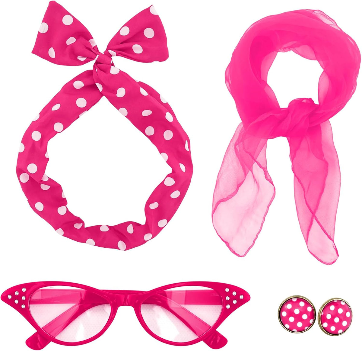 50s Set 50's Costume Accessories Chiffon Scarf Cat Eye Glasses Bandana Tie Headband Earrings for Cosplay Party