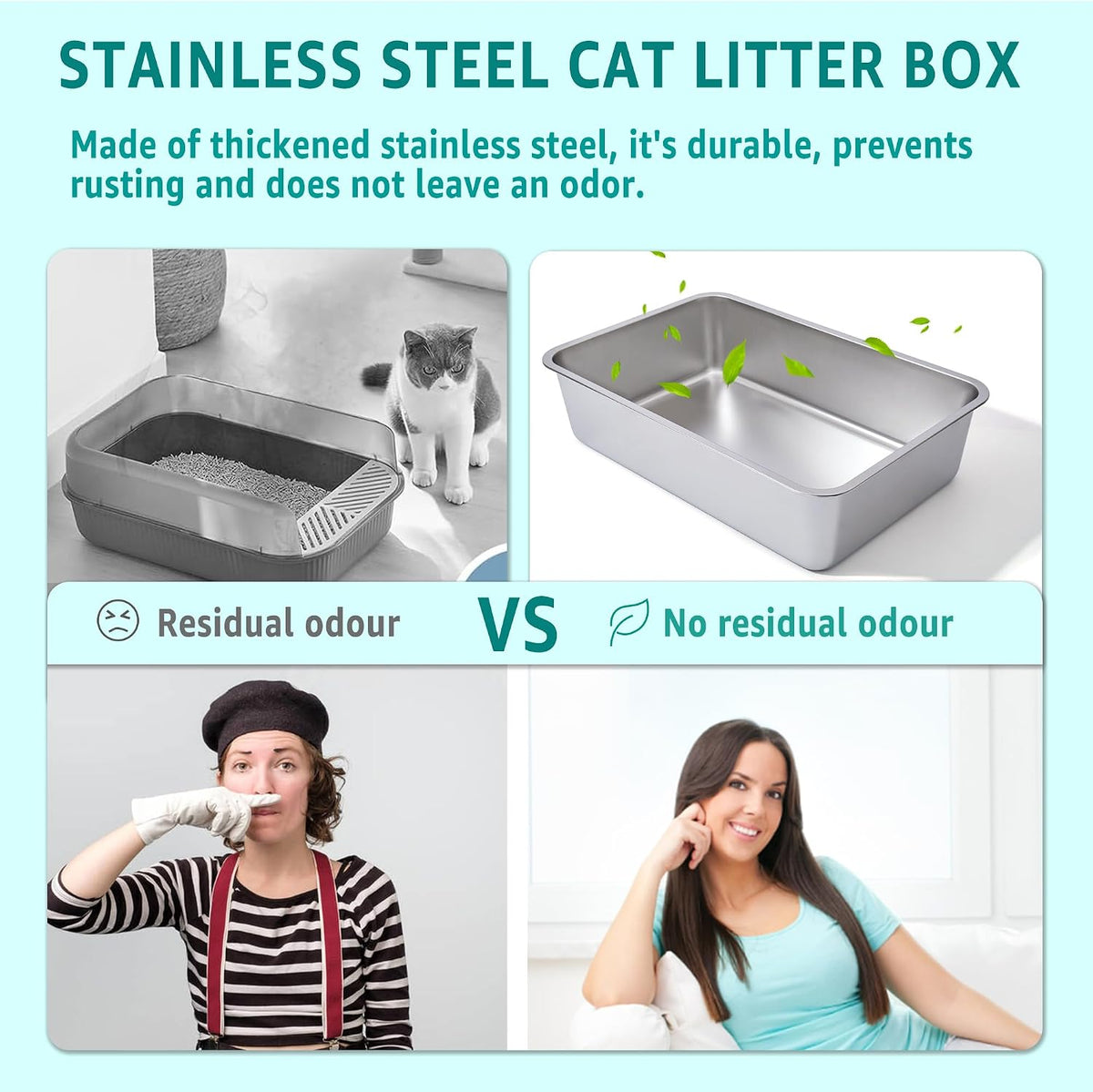 Stainless Steel Litter Box 2 Pack,XL Metal Litter Box for Big Cats | High Sided Litter Box Adult Big Cats,Cat LitterBox Metal Pet Toilet Easy to Clean,Non Stick, No Smell,23.6"x15.8"x6"
