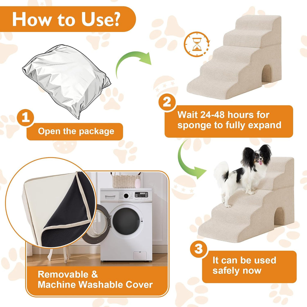 Ahpmeoa Dog Stairs for Small Dogs 16’’ H, 3-Step Dog Steps for Bed, Beige