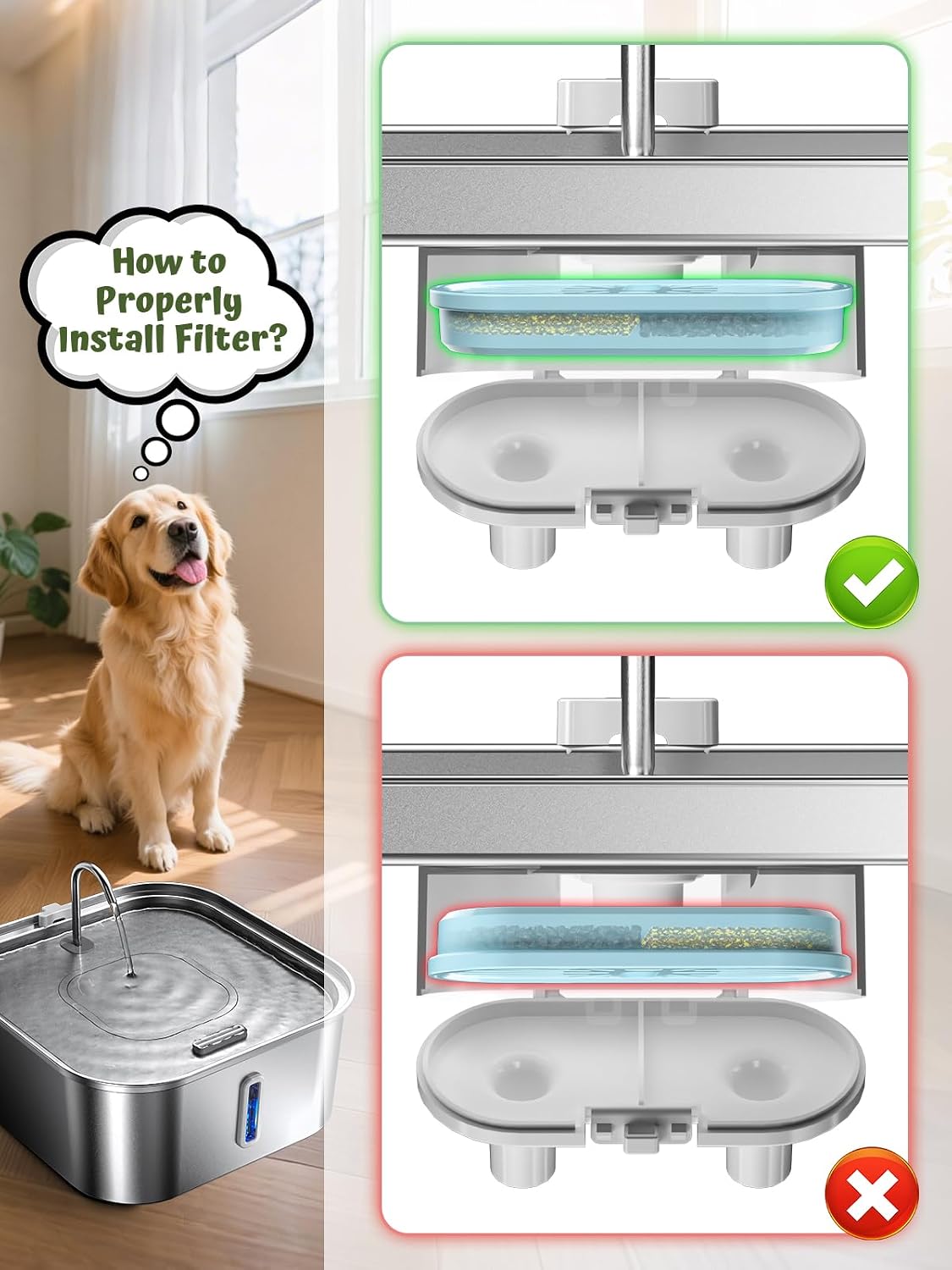Large Dog Water Fountain 14L/3.7Gal, Stainless Steel Pet Fountain for Large Dogs and Multi-Pets, with Window & Extra Wide Drinking Area, Square Design Enlarges Capacity & Saves Space (6 Newly Filters)