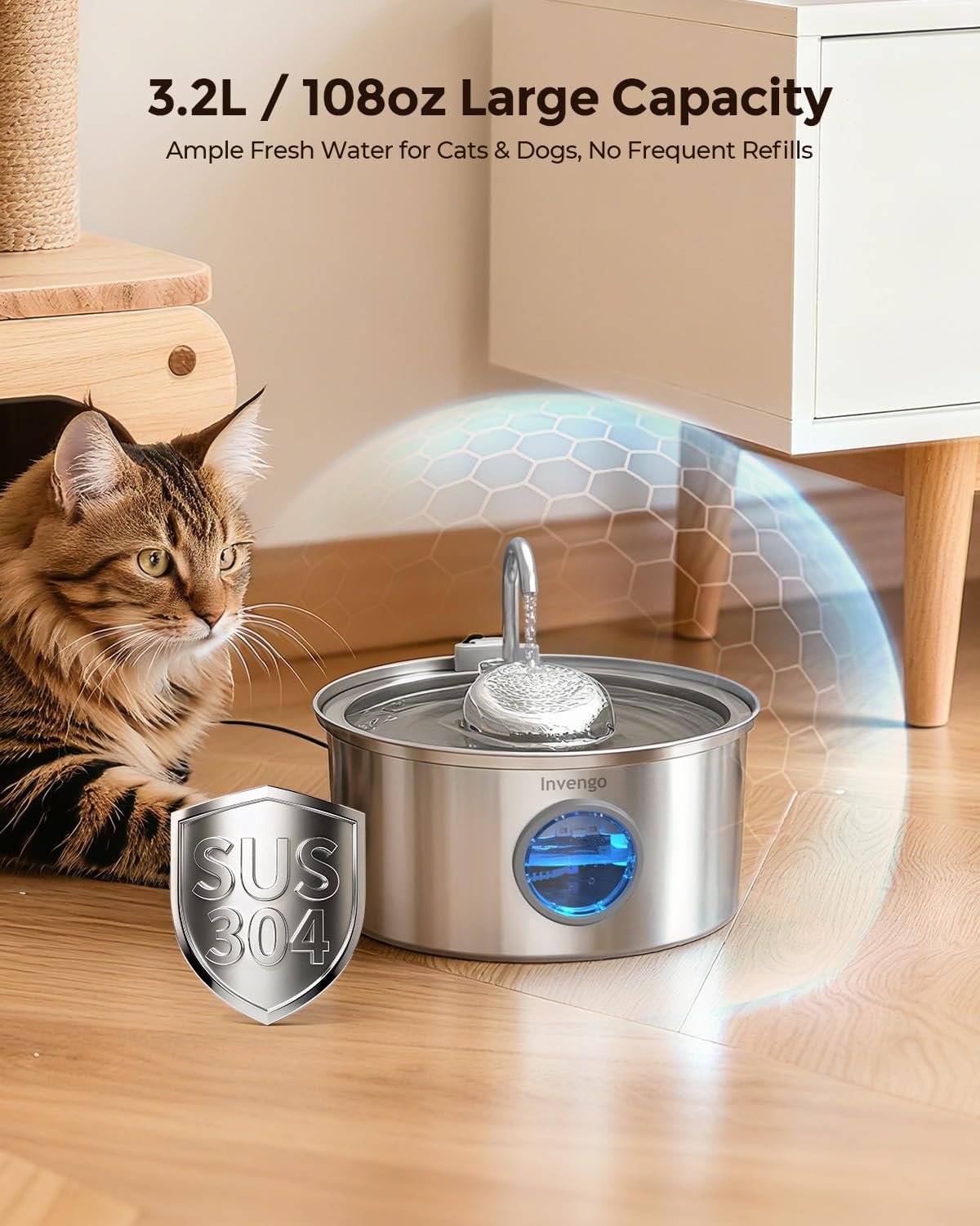Invengo Cat Water Fountain Stainless Steel 3.2L/108oz Pet Drinking Fountain