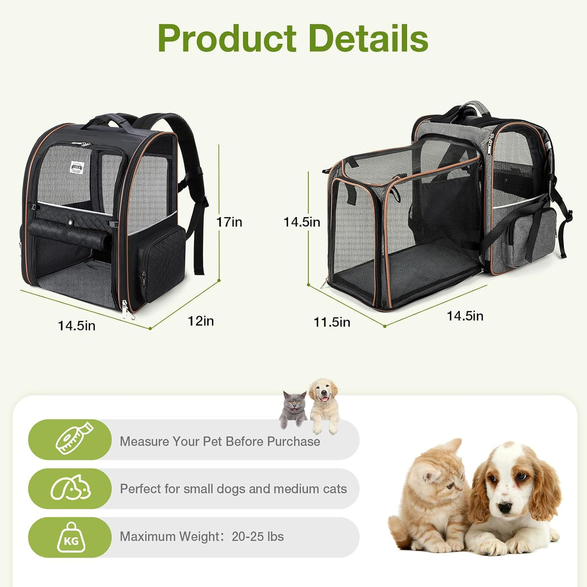 Large Cat Backpack Carrier Expandable Pet Carrier Backpack for Small Dogs Medium Cats Fit Up to 18 Lbs, Dog Backpack Carrier, Foldable Puppy Backpack Carrier for Travel,Black