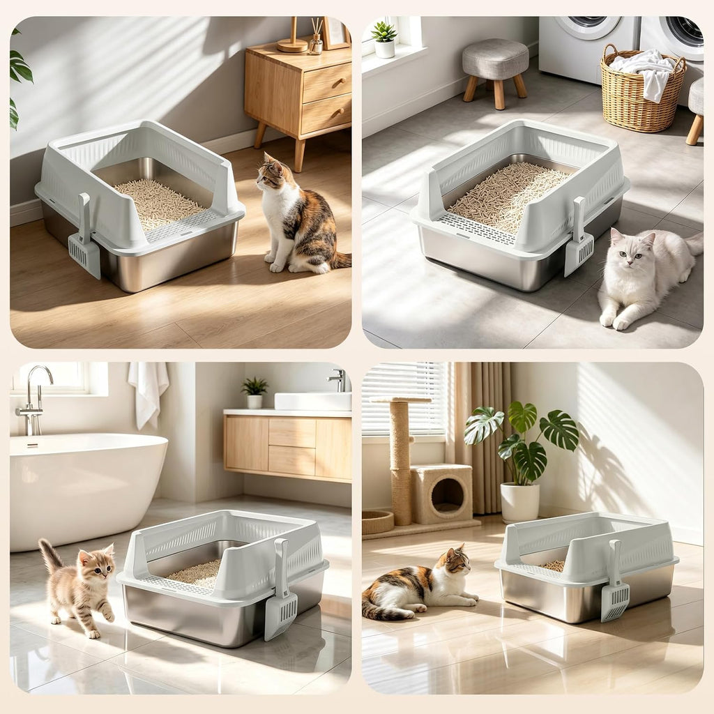 AIPERRO Stainless Steel Litter Box with Lid, XL High Sided for Large Cats