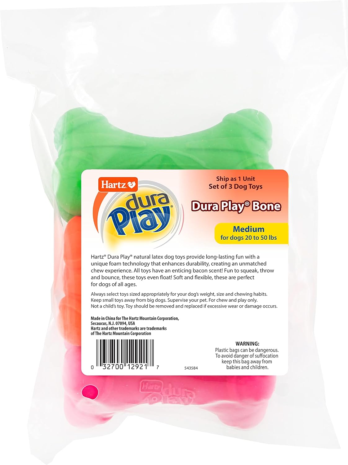Hartz DuraPlay Bone Squeaky Latex Dog Toy for Medium Breeds, 3 Pack