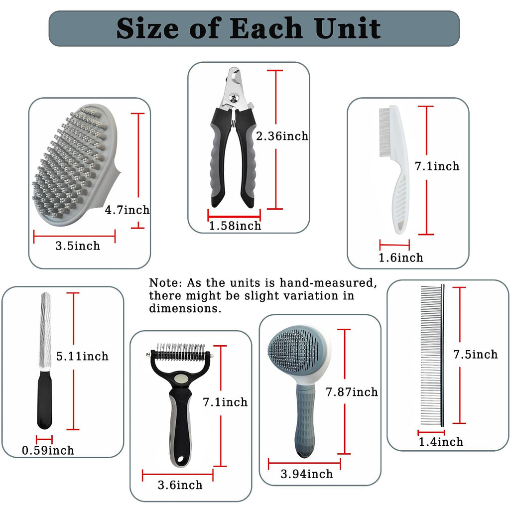 7PCS Dog Grooming Brush Kit for Shedding and Matted Fur, Self-Cleaning Slicker Brush with Undercoat Rake, Flea Comb for Long-Haired Pets, Grey