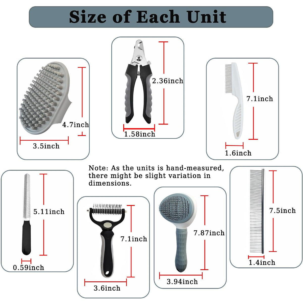 7PCS Dog Grooming Brush Kit for Shedding and Matted Fur, Self-Cleaning Slicker Brush with Undercoat Rake, Flea Comb for Long-Haired Pets, Grey