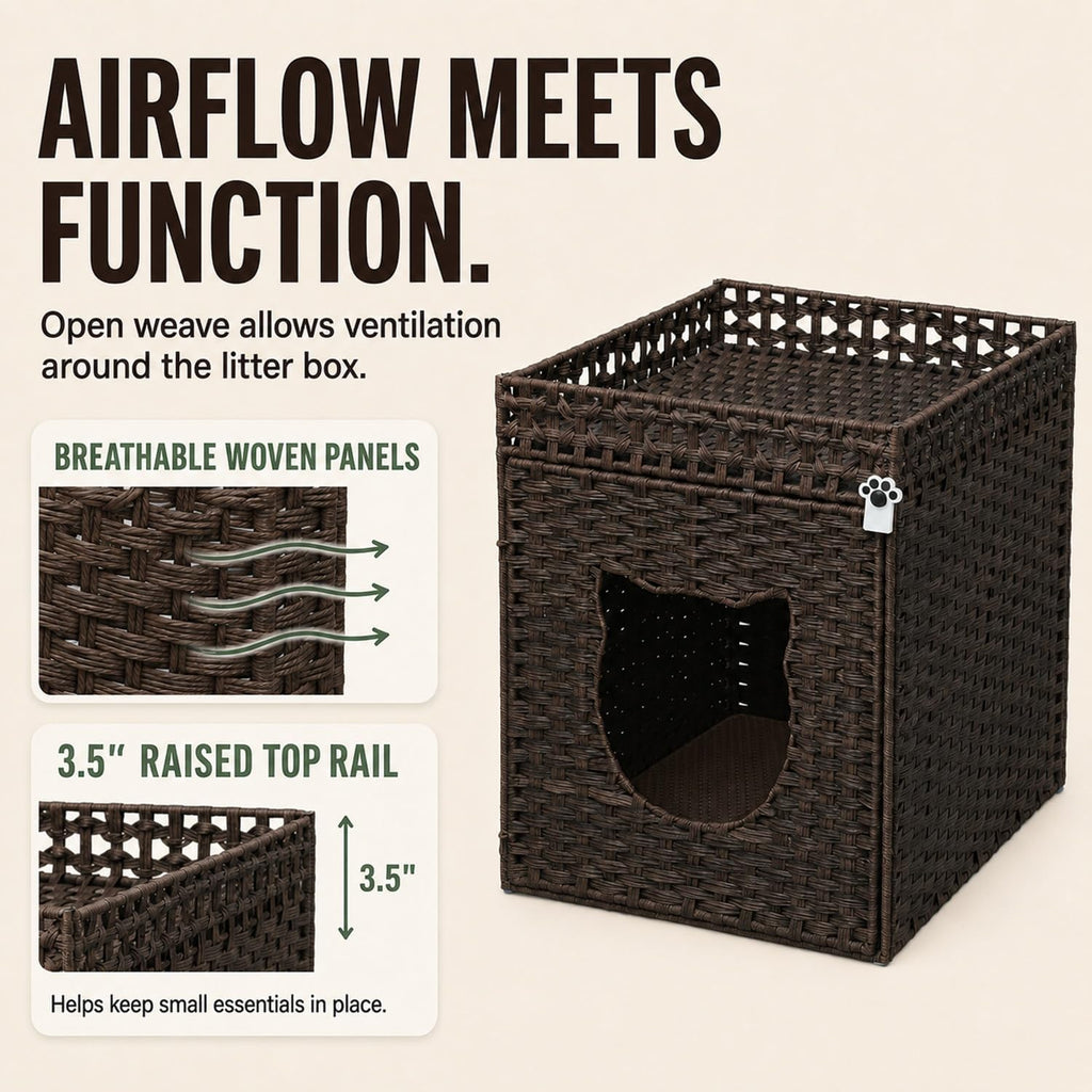 Handwoven Rattan Cat Litter Box Enclosure for Large Litter Boxes, Hidden Cat House Furniture with Fitted Litter Mat and 2 S-Hooks, 24.5" D x 19" W x 24" H, Brown