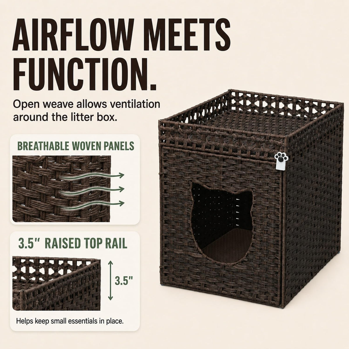 Handwoven Rattan Cat Litter Box Enclosure for Large Litter Boxes, Hidden Cat House Furniture with Fitted Litter Mat and 2 S-Hooks, 24.5" D x 19" W x 24" H, Brown