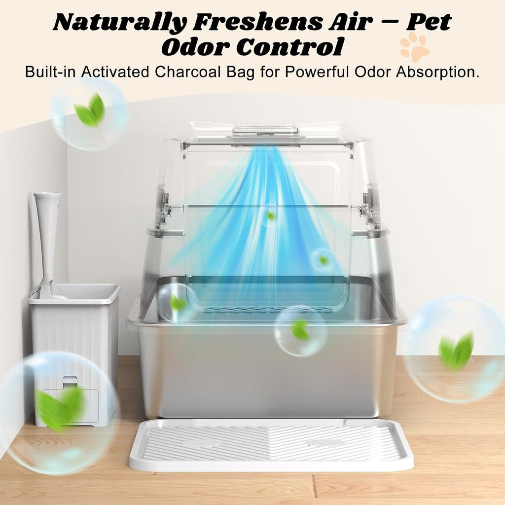 AIPERRO Enclosed Stainless Steel Cat Litter Box with Lid High Sided | Enclosure FILP-Top Metal Litter Boxes with Scoop Set for Big Cats | Odor‑Resistant | Non-Sticky, Anti-Leakage & Easy Cleaning