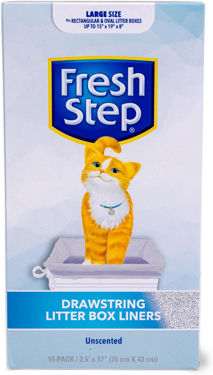 Fresh Step Drawstring Cat Litter Liners, 2.5 ft x 17 in, 15 Ct, 12-Pack | Heavy-duty bags, unscented, drawstring closure, large oval or rectangle pans