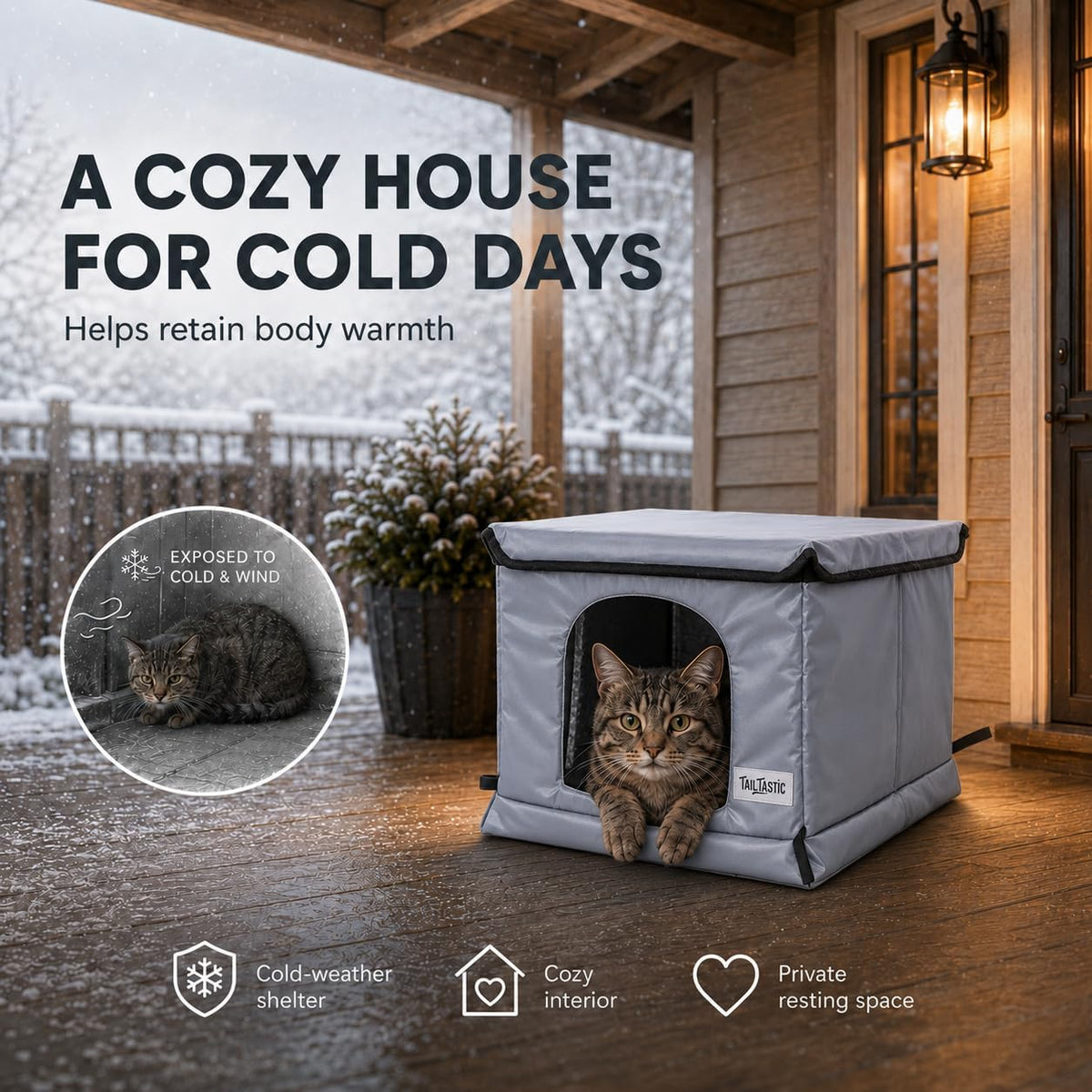 Tailtastic Outdoor Cat House with Seamless Sloped Roof, Insulated, Grey