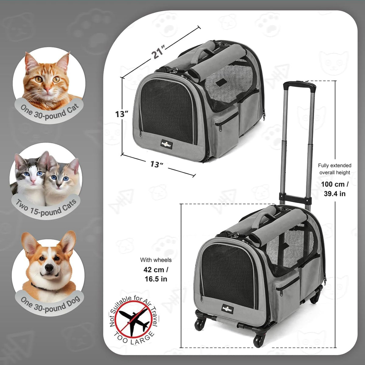 Large Pet Carrier with Wheels, Foldable Rolling Dog Carrier with Big Pocket, Cat Rolling Bag 21"x13"x13" for 2 Cats &Dogs, for Travel, Outdoor, Vet Visits, Camping, Indoor. Gray. (Not for Airline)