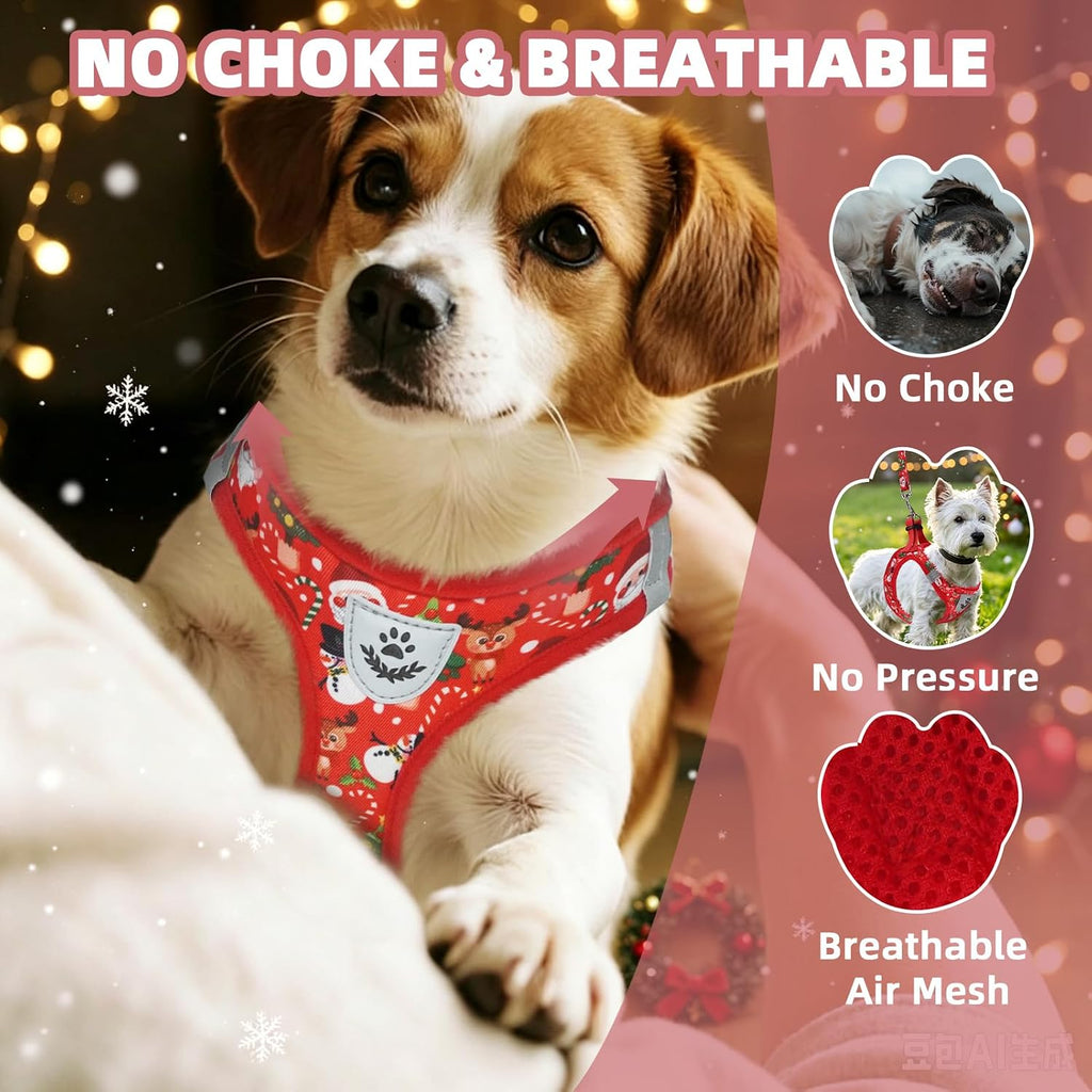 PAWCHIE Christmas Dog Harness and Leash Set, Step in No Pull Soft Pet Harness, Reflective Adjustable Puppy Vest for Medium Dogs,No Choke Harness Vest with Poop Bag Holder for Walking,Running, Red S
