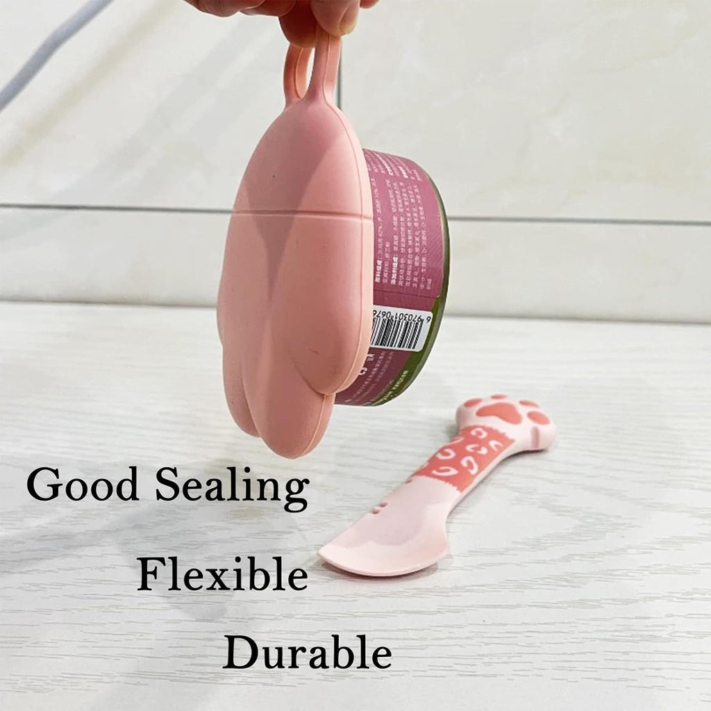 SJANE 4 Pcs Cat Food Spoon & Can Covers | Cute Paw Silicone Pet Food Opener Spatula & Lids | Stainless Steel Wet Food Spoon for Cats and Dogs (Pink+Grey)