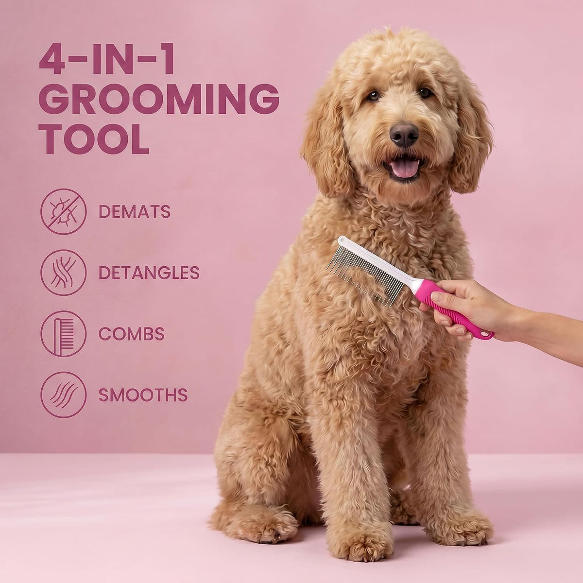 Poodle Pet Detangling Pet Comb with Long & Short Stainless Steel Teeth for Removing Matted Fur, Knots & Tangles – Detangler Tool Accessories for Safe & Gentle DIY Dog & Cat Grooming (Pink)