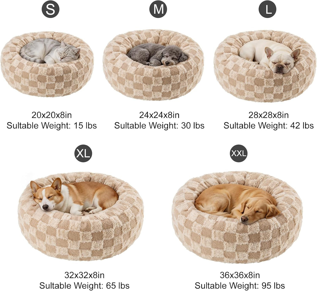 Dog Calming Beds for Small Medium Large Dogs - Round Donut Washable Puppy Dog Bed, Anti-Slip Faux Fur Fluffy Donut Cuddle Anxiety Cat Pet Bed (24" Grid)