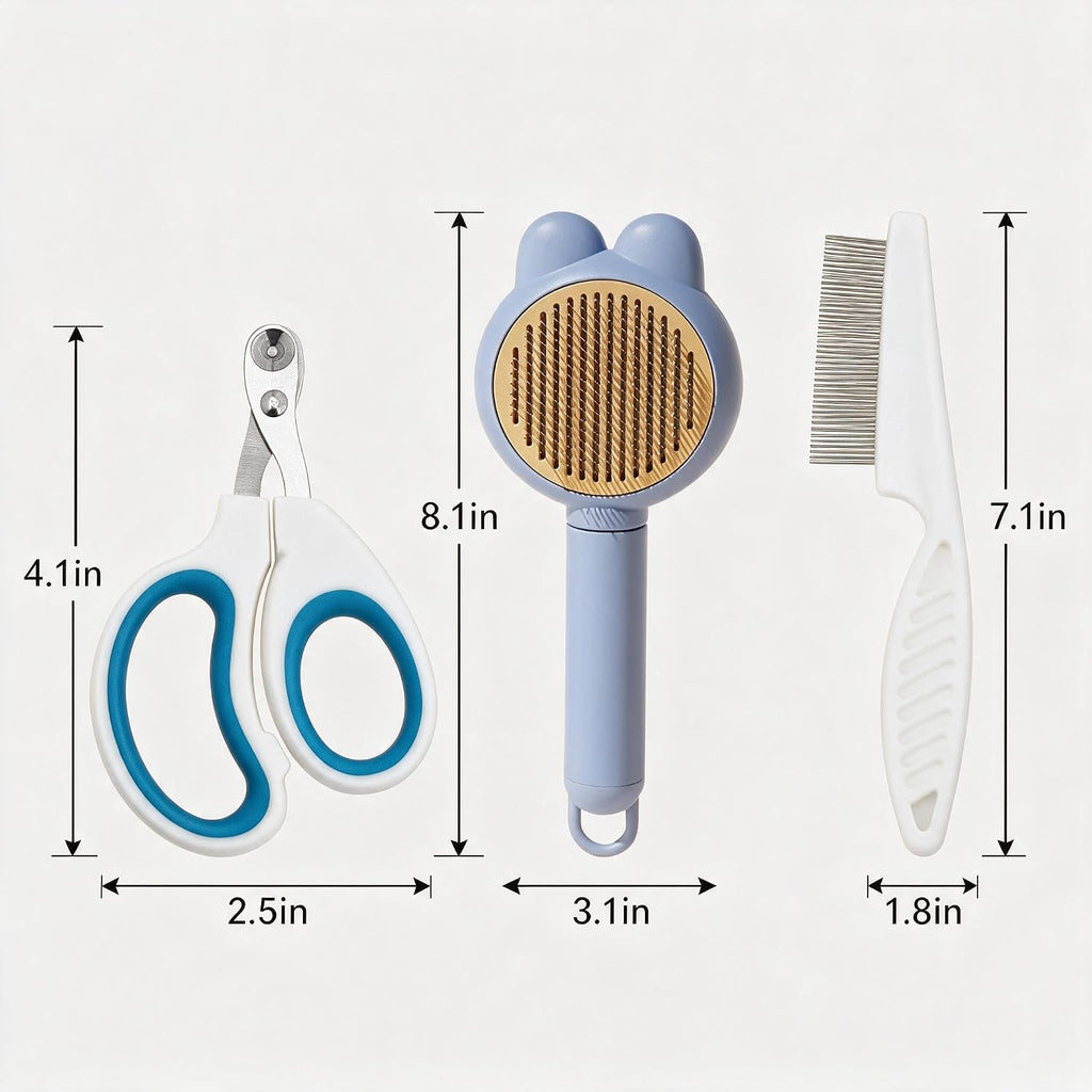 3PCS Cat & Dog Grooming Kit,Bath Brush,Nail Clipper,Flea Comb(Blue)