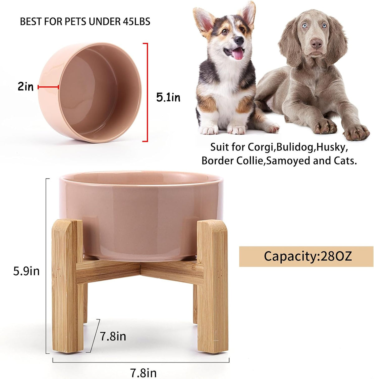 Petygooing 28 OZ Elevated/Raised Ceramic Dog Bowl for Small Medium Breeds, Dog Food Water Dish with Stand,Pet Bowl with Anti Slip Rubber for Cats Small and Medium Dogs (3.6 Cups) Khaki 