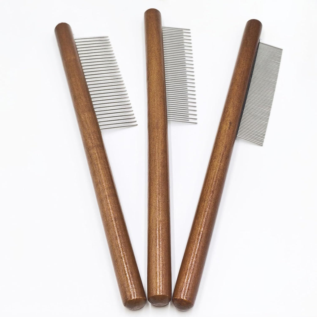 3-Pack Wood Pet Grooming Comb, Stainless Steel Flea Comb