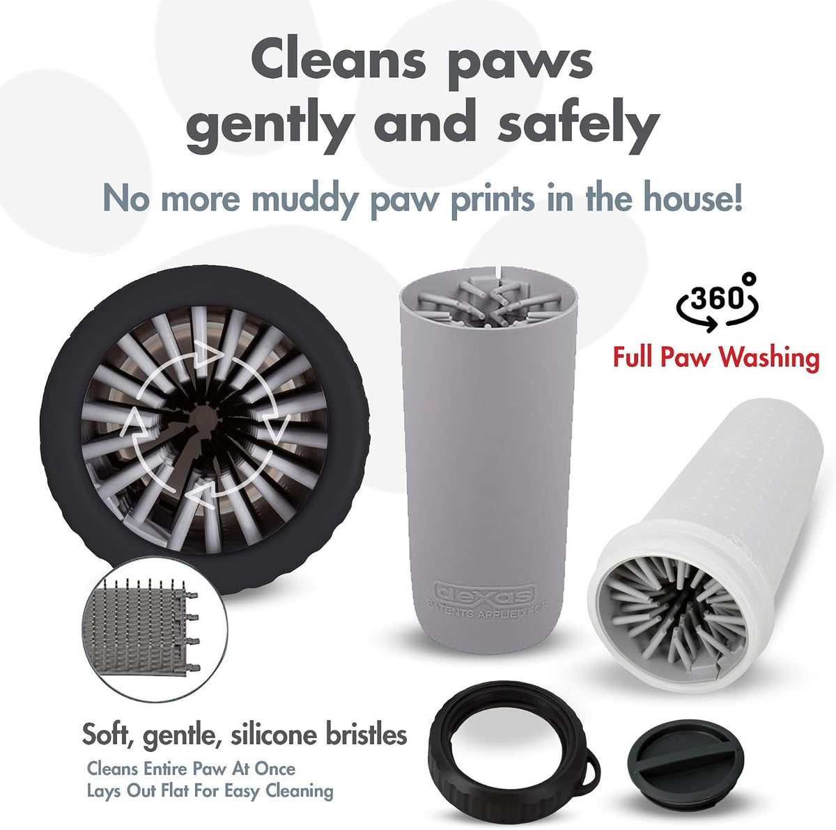 Dexas Lidded MudBuster Large Dog Paw Cleaner, Light Gray, Fits 2.5"-3.5" Wide Paws Gentle Silicone Bristles for Quick, Easy Cleaning 