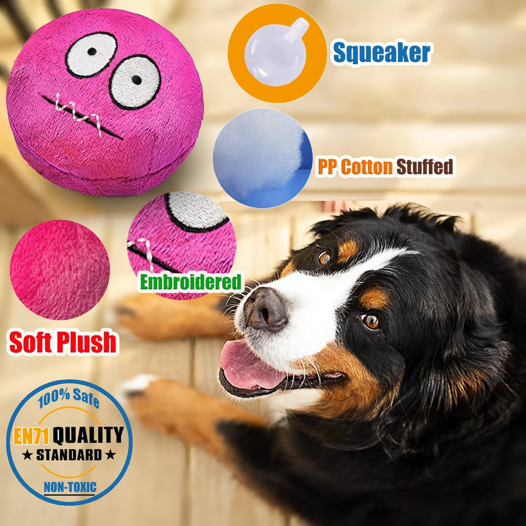 HOLYSTEED Plush Squeaky Dog Toys for Small, Medium Breeds, 2.9" Flat Balls | 3.0"x2.9"x2.3" Assorted Flat Balls 4pcs, Soft Puppy Squeak Toy Stuffed, Smile Face Pet Toy with Squeaker for Indoor, Outdoor