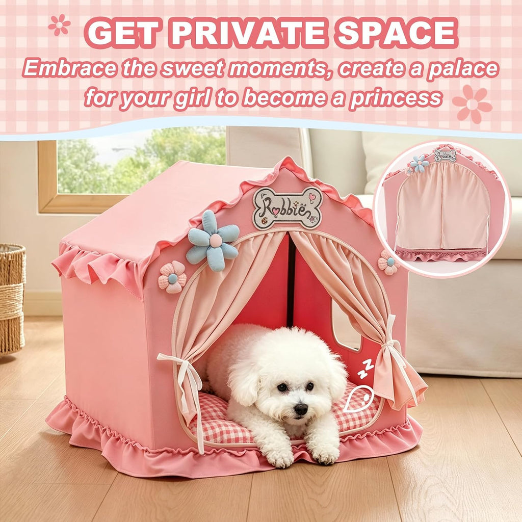 Jiupety Indoor Dog House with Frame,Cute Dog Tent Bed with Cover Cave,Pink