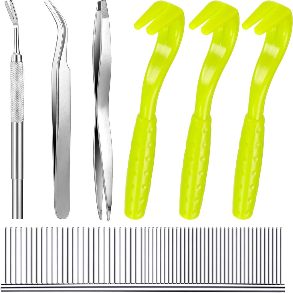 Boao 7 Pcs Tick Removal Tool Kit, Include 3 Plastic Removers, 3 Stainless Steel Tweezers with Comb for Dog and Cats(Fluorescent Green)