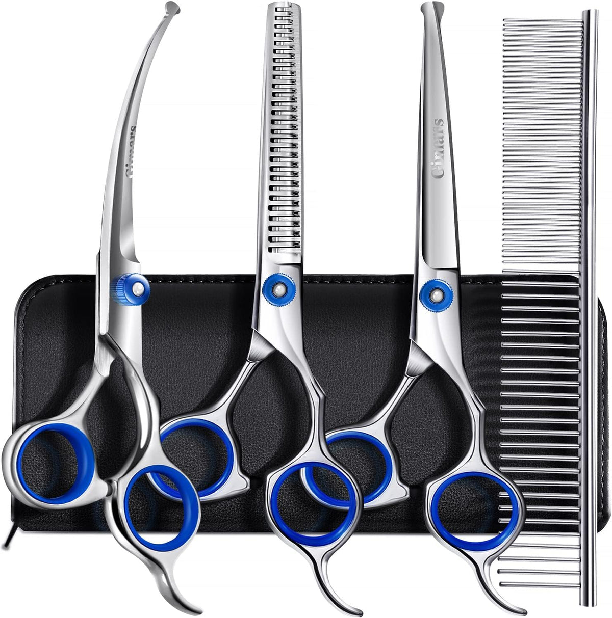 Gimars Professional 5 in 1 Grooming Scissors for Dogs 4CR with Safety Round Tip, Heavy Duty Titanium Coated Straight & Thinning & Curved Shears 