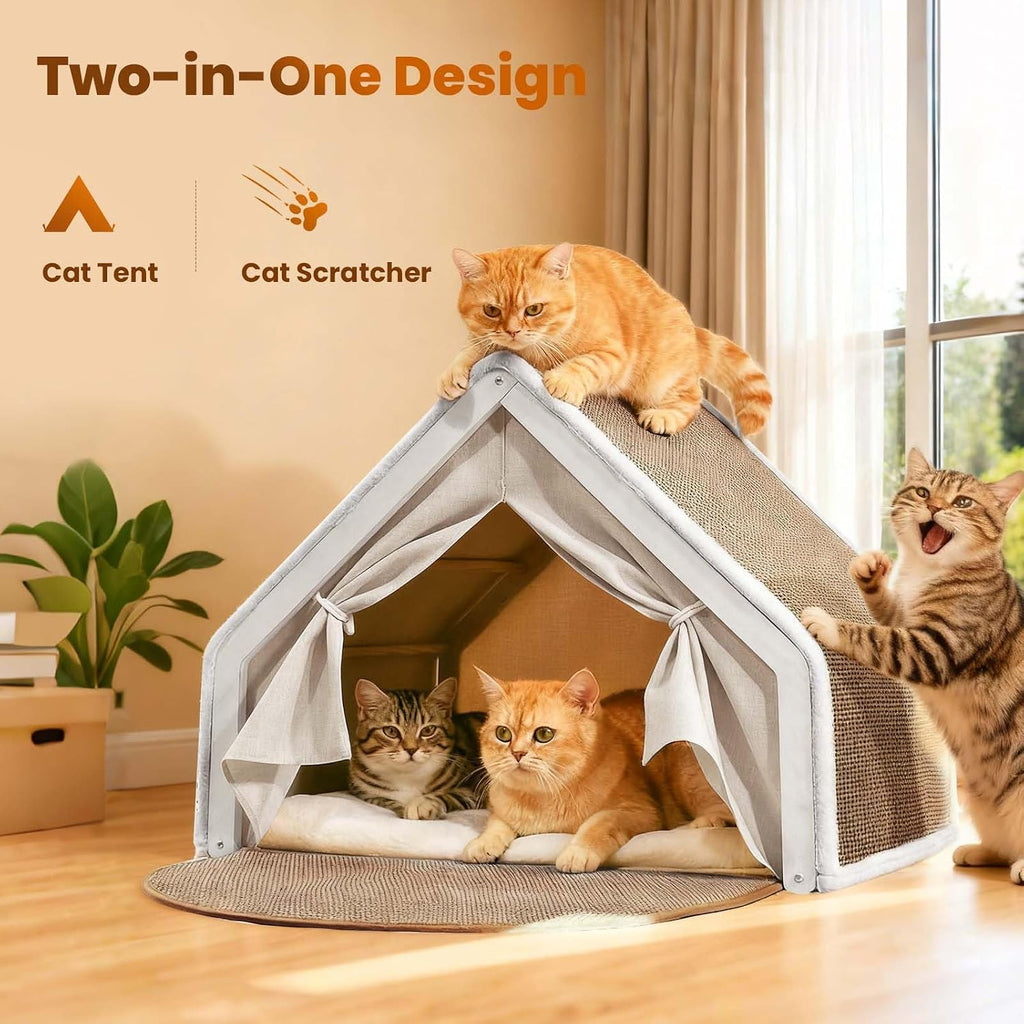 Cat Houses for Indoor Cats - Large Cat Bed Cave with Natural Sisal Cat Scratcher Mat, Solid Wood Frame Cat House with Curtains and Cat Floor Scratching Pad Rug, Protect Couch and Carpets, L