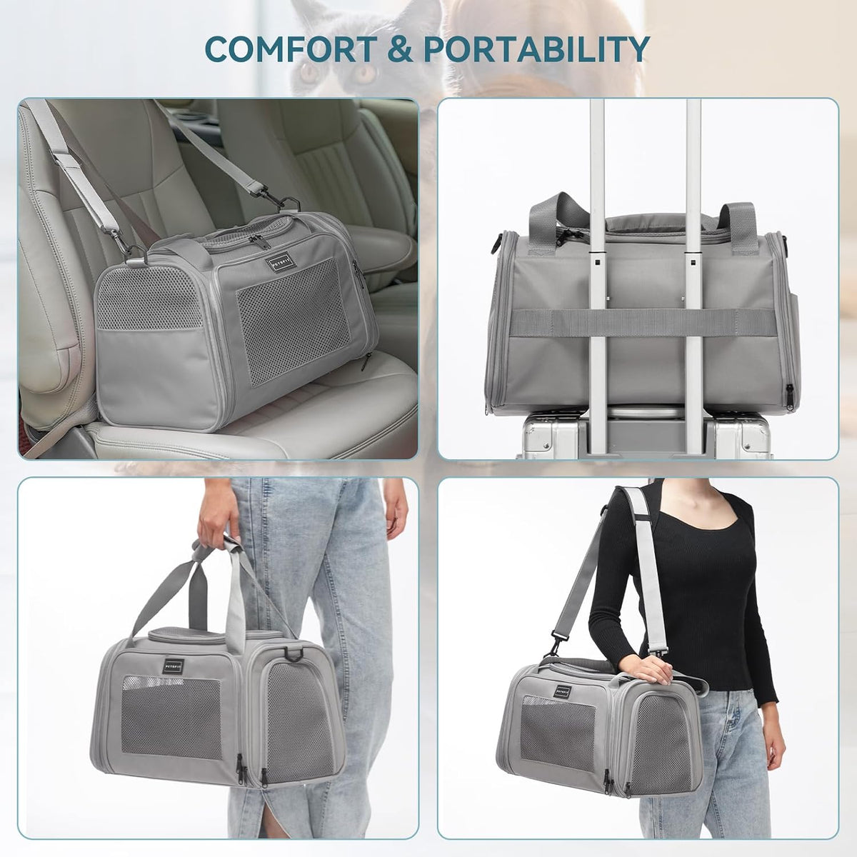 PETSFIT Cat Carrier, Grey, Small and Medium Cats Under 12 Lbs